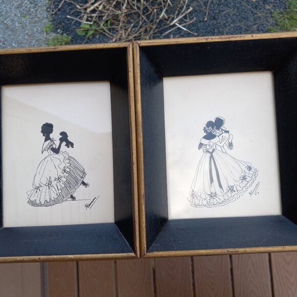 Vintage Woman Holding Dog and Couple Dancing Silhouettes Framed Wall Art Signed - Picture 8 of 16